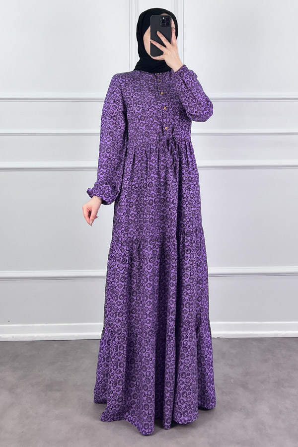 Halka Desen Pamuk Viskon Kumaş Elbise - Lila