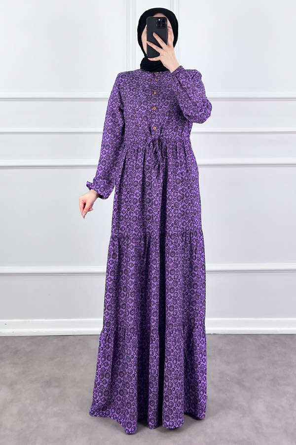 Halka Desen Pamuk Viskon Kumaş Elbise - Lila