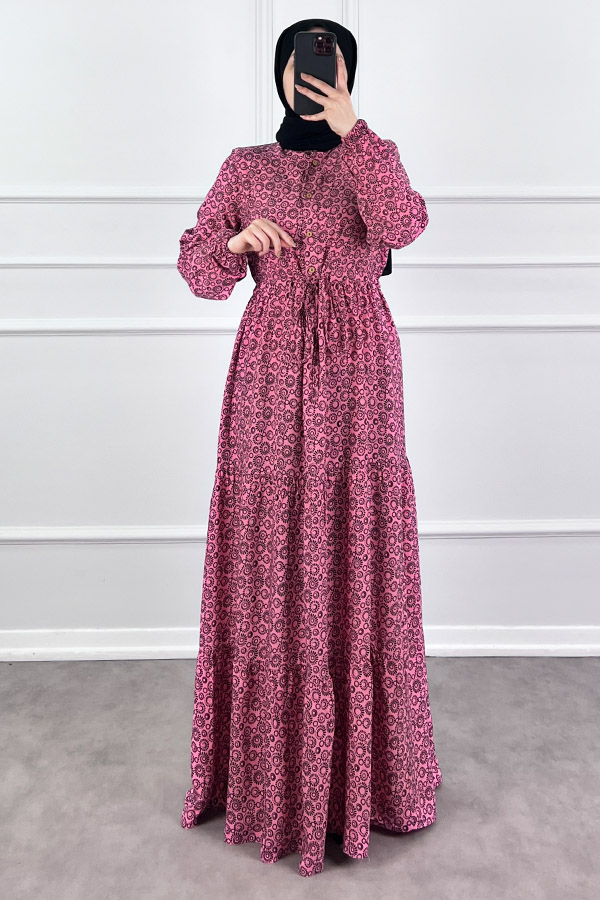 Halka Desen Pamuk Viskon Kumaş Elbise - Pembe