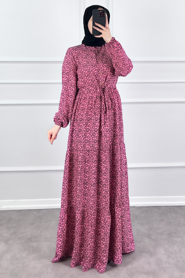 Halka Desen Pamuk Viskon Kumaş Elbise - Pembe