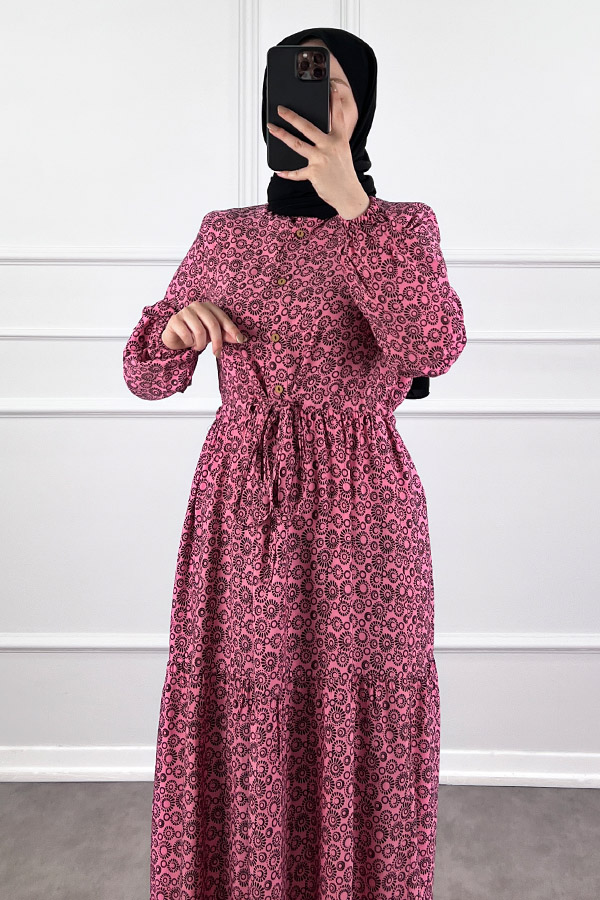 Halka Desen Pamuk Viskon Kumaş Elbise - Pembe