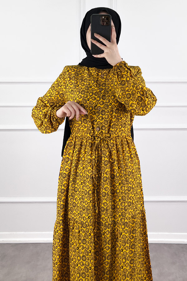 Halka Desen Pamuk Viskon Kumaş Elbise - Sarı Halka Desen Pamuk Viskon Kumaş Elbise - Sarı