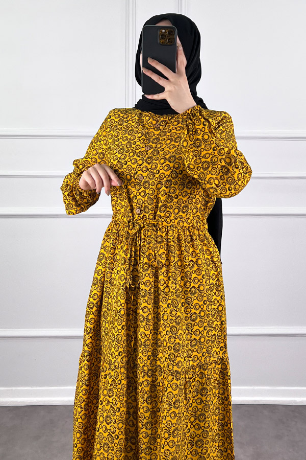 Halka Desen Pamuk Viskon Kumaş Elbise - Sarı Halka Desen Pamuk Viskon Kumaş Elbise - Sarı