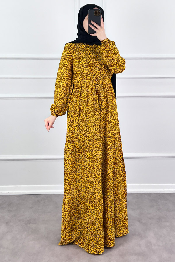 Halka Desen Pamuk Viskon Kumaş Elbise - Sarı Halka Desen Pamuk Viskon Kumaş Elbise - Sarı