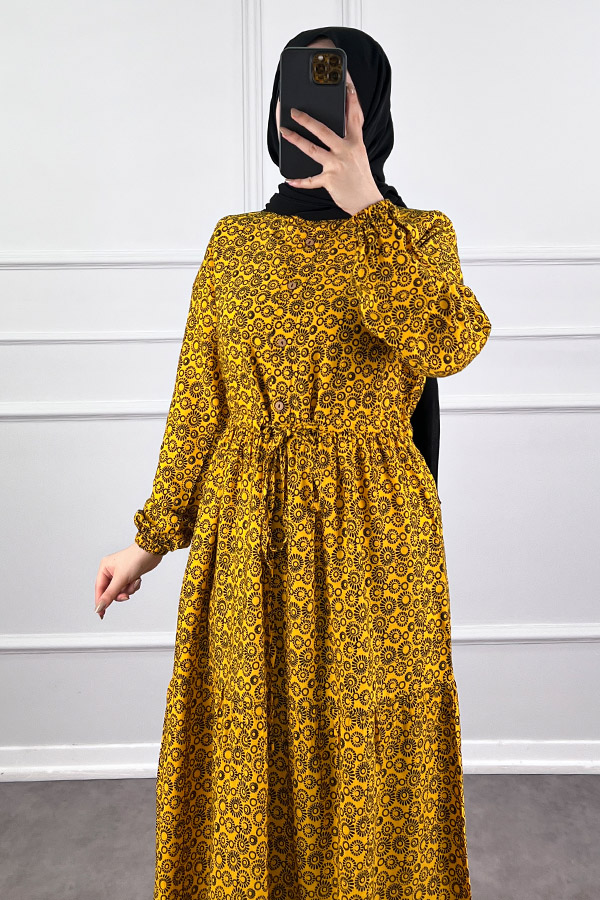 Halka Desen Pamuk Viskon Kumaş Elbise - Sarı Halka Desen Pamuk Viskon Kumaş Elbise - Sarı
