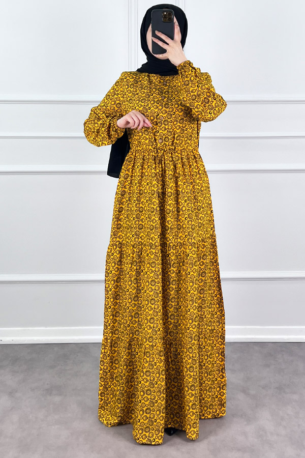 Halka Desen Pamuk Viskon Kumaş Elbise - Sarı Halka Desen Pamuk Viskon Kumaş Elbise - Sarı