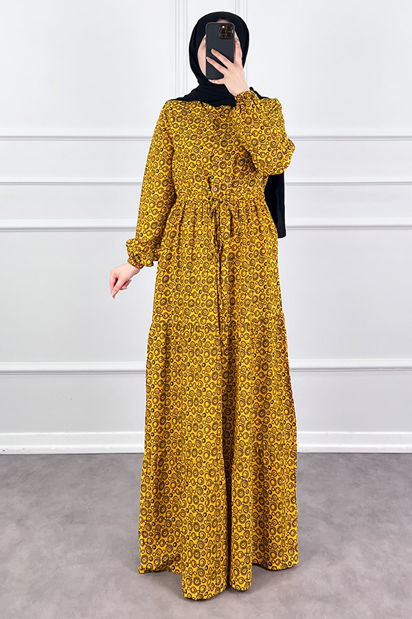 Halka Desen Pamuk Viskon Kumaş Elbise - Sarı Halka Desen Pamuk Viskon Kumaş Elbise - Sarı