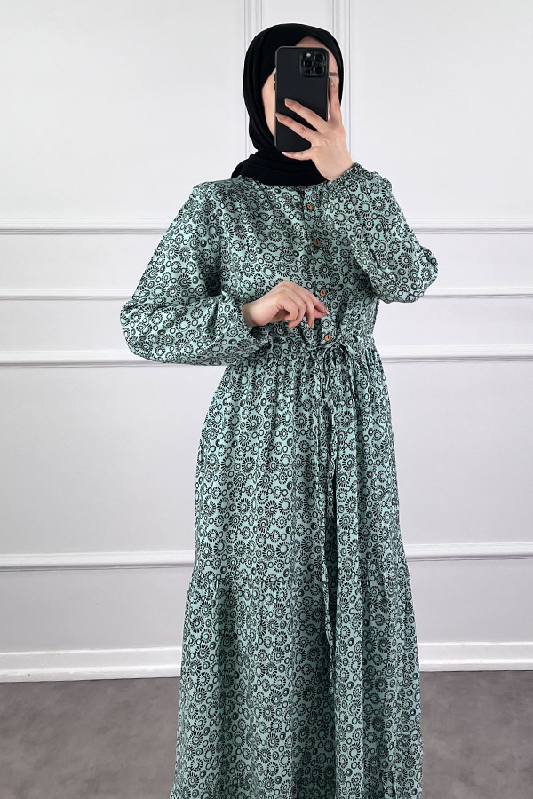 Halka Desen Pamuk Viskon Kumaş Elbise - Yeşil