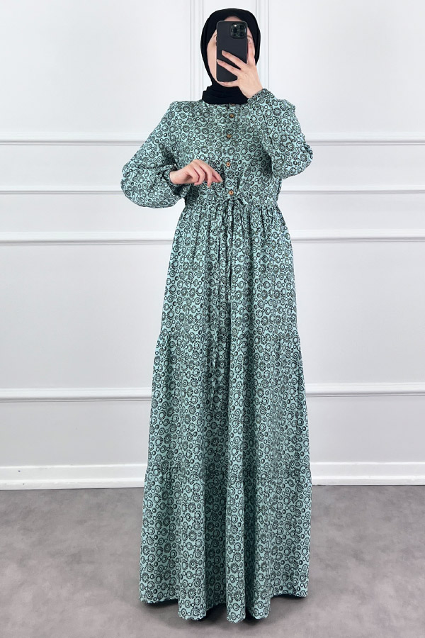 Halka Desen Pamuk Viskon Kumaş Elbise - Yeşil