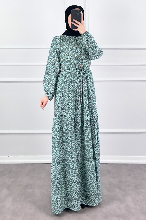 Halka Desen Pamuk Viskon Kumaş Elbise - Yeşil