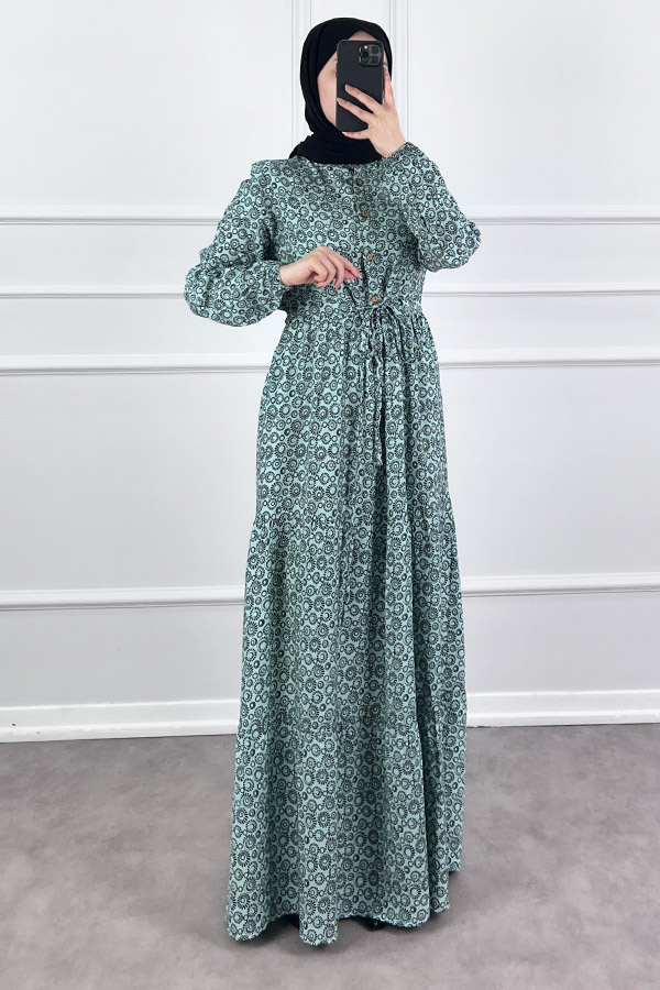 Halka Desen Pamuk Viskon Kumaş Elbise - Yeşil