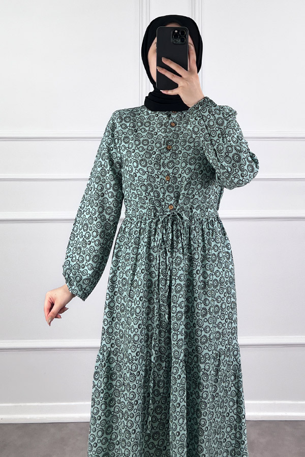 Halka Desen Pamuk Viskon Kumaş Elbise - Yeşil