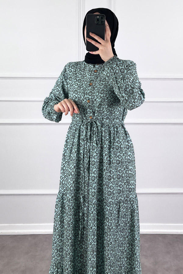 Halka Desen Pamuk Viskon Kumaş Elbise - Yeşil