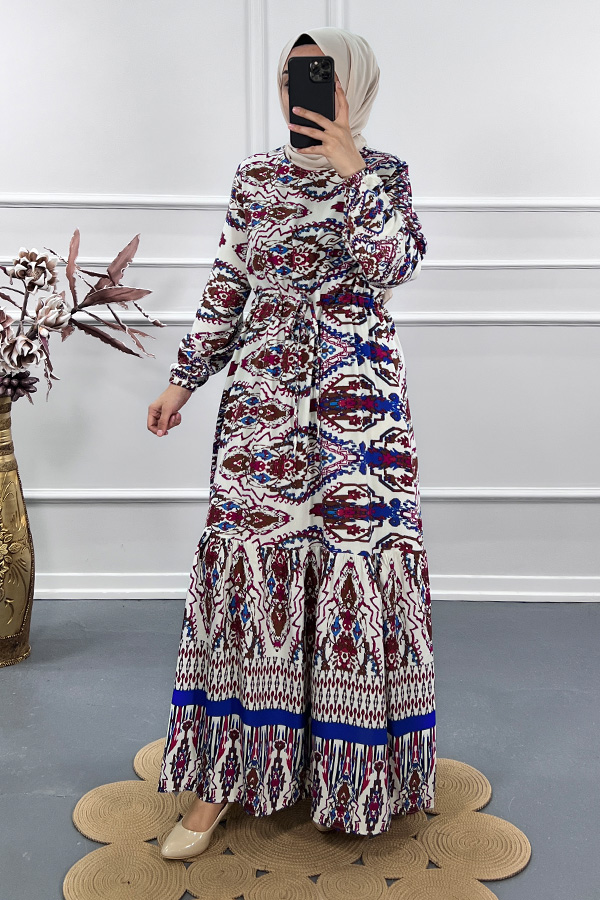 Hint Desenli Elbise - Bordo