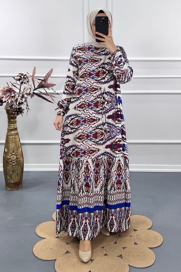 Hint Desenli Elbise - Bordo