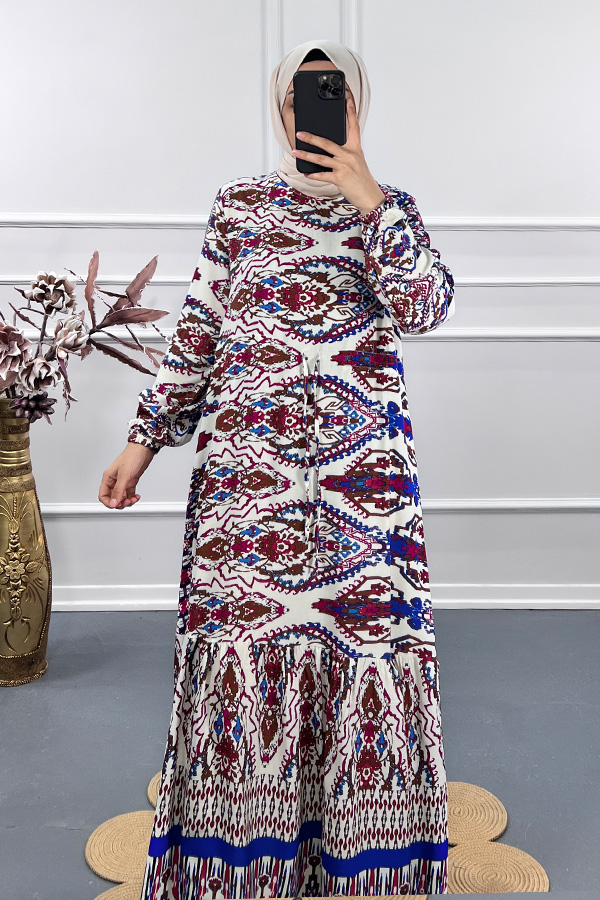 Hint Desenli Elbise - Bordo