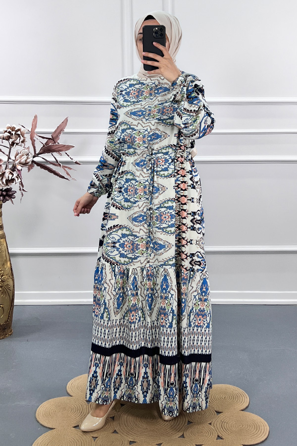 Hint Desenli Elbise - Mavi