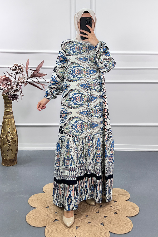 Hint Desenli Elbise - Mavi