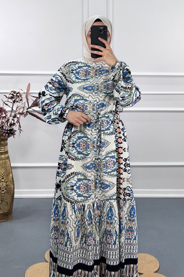 Hint Desenli Elbise - Mavi