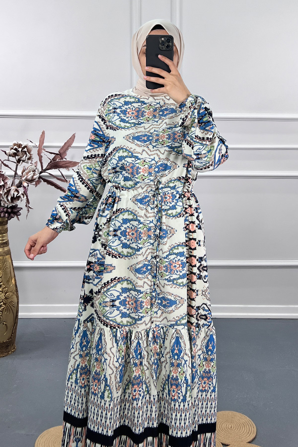 Hint Desenli Elbise - Mavi