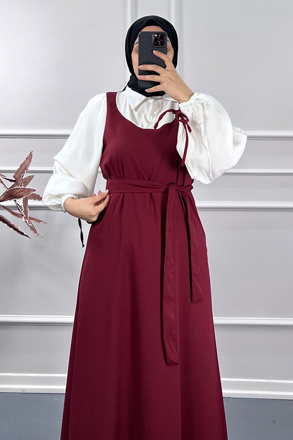 Jile Detaylı Elbise - Bordo