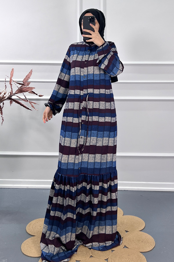 Kare Desen Elbise - Bordo