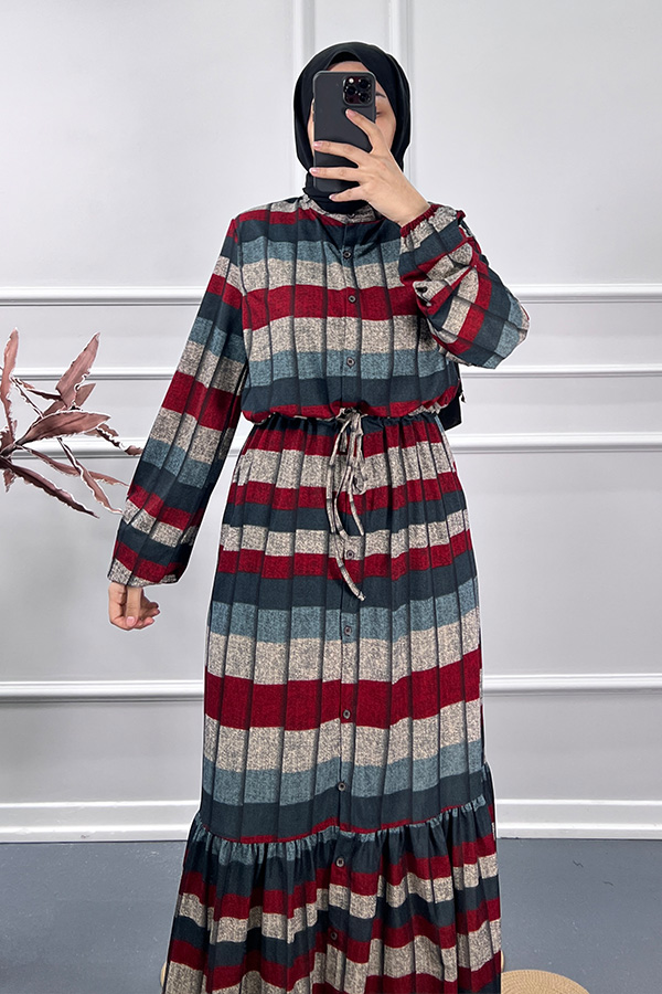 Kare Desen Elbise - Kırmızı