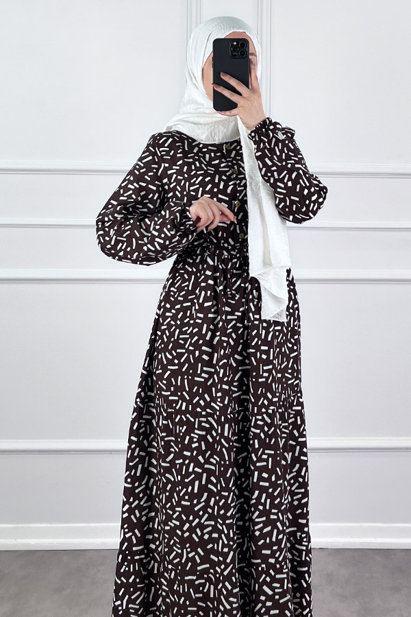 Kesme Desen Elbise - Kahverengi