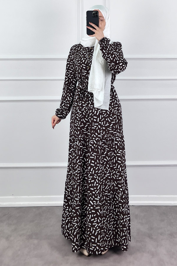 Kesme Desen Elbise - Kahverengi