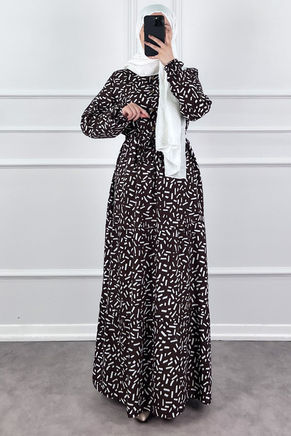 Kesme Desen Elbise - Kahverengi