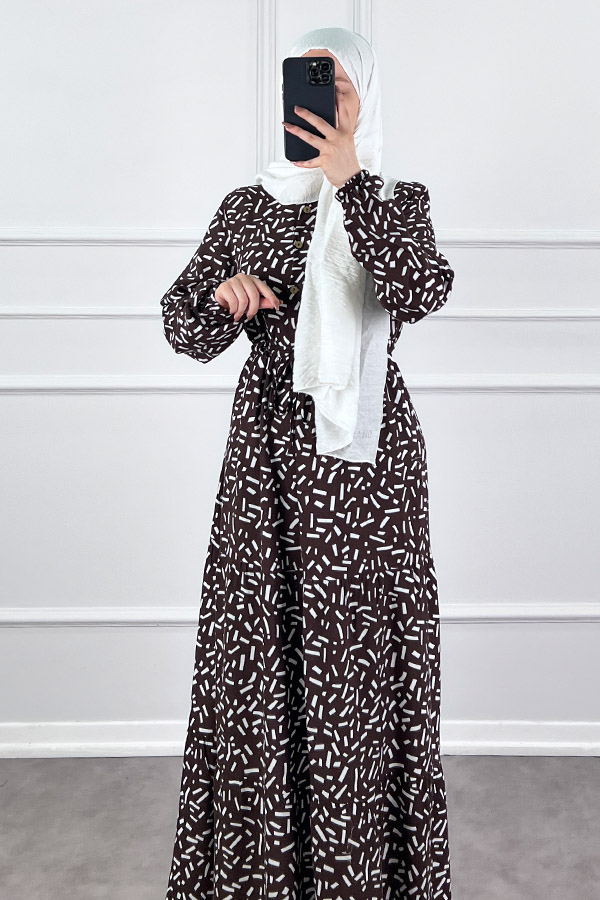 Kesme Desen Elbise - Kahverengi