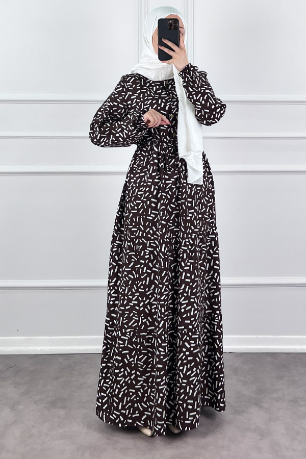 Kesme Desen Elbise - Kahverengi