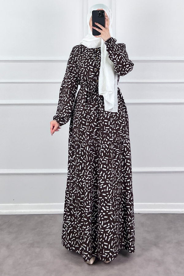 Kesme Desen Elbise - Kahverengi