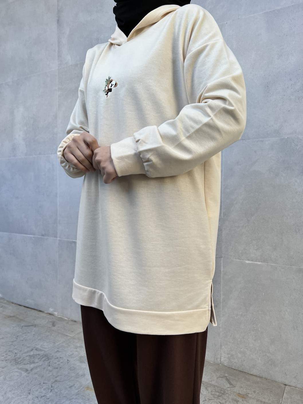 Koala Nakışlı Kapşonlu Tunik - Krem