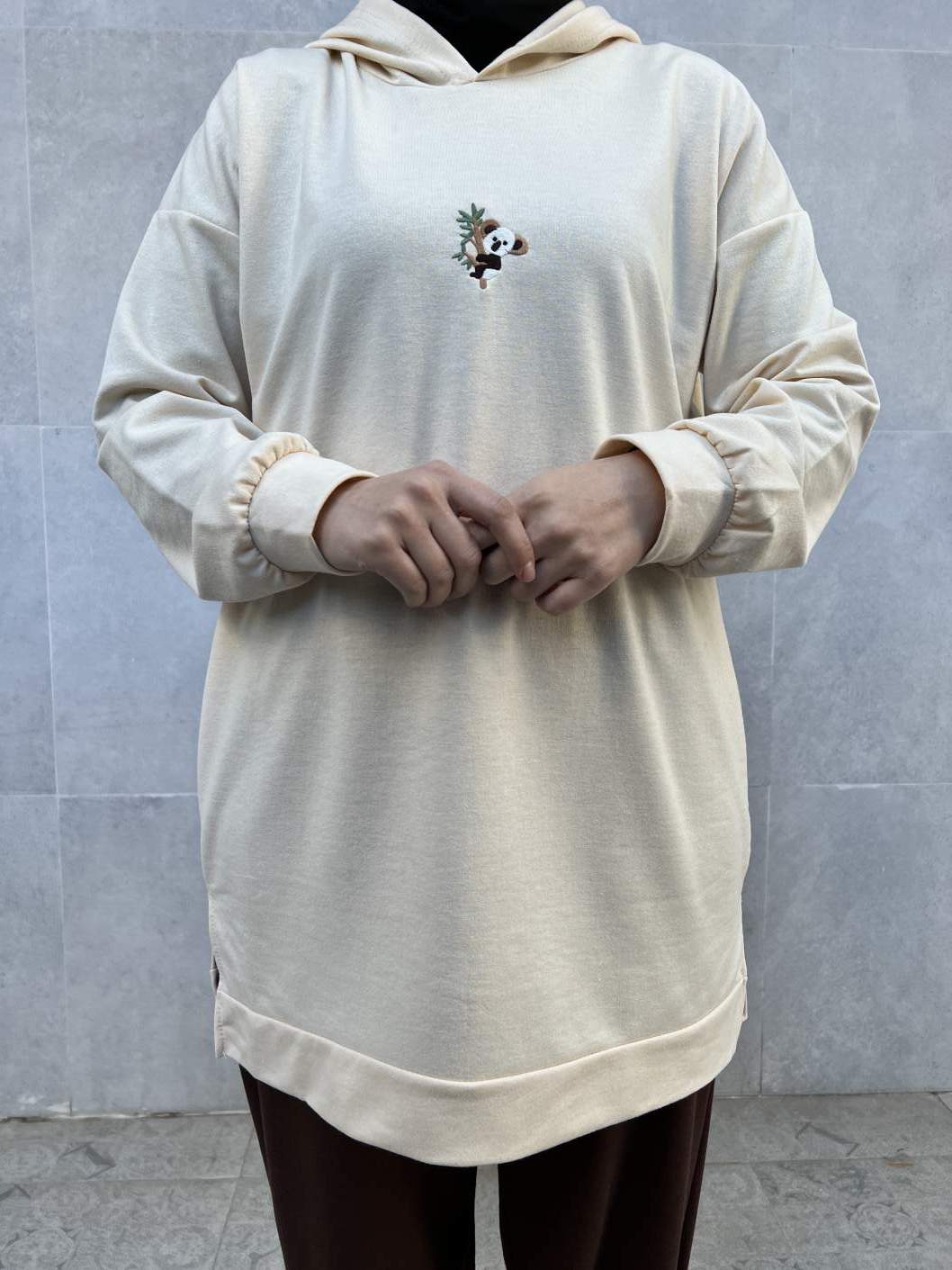 Koala Nakışlı Kapşonlu Tunik - Krem
