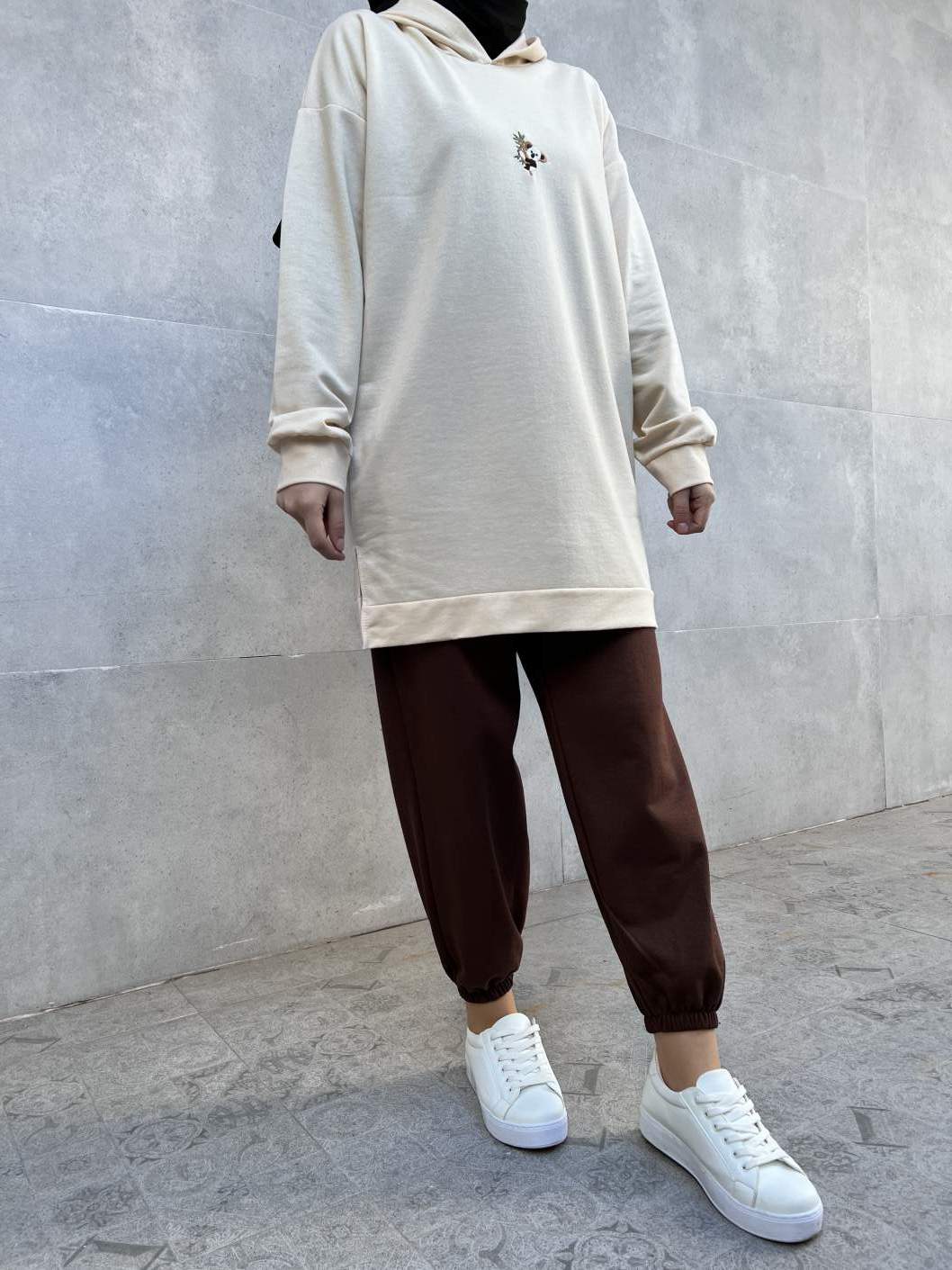 Koala Nakışlı Kapşonlu Tunik - Krem