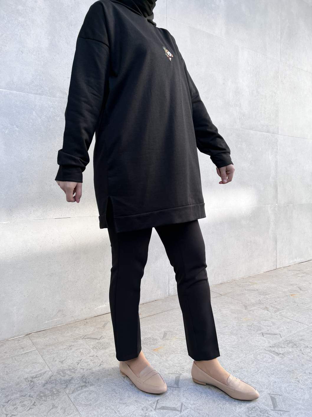 Koala Nakışlı Kapşonlu Tunik - Siyah