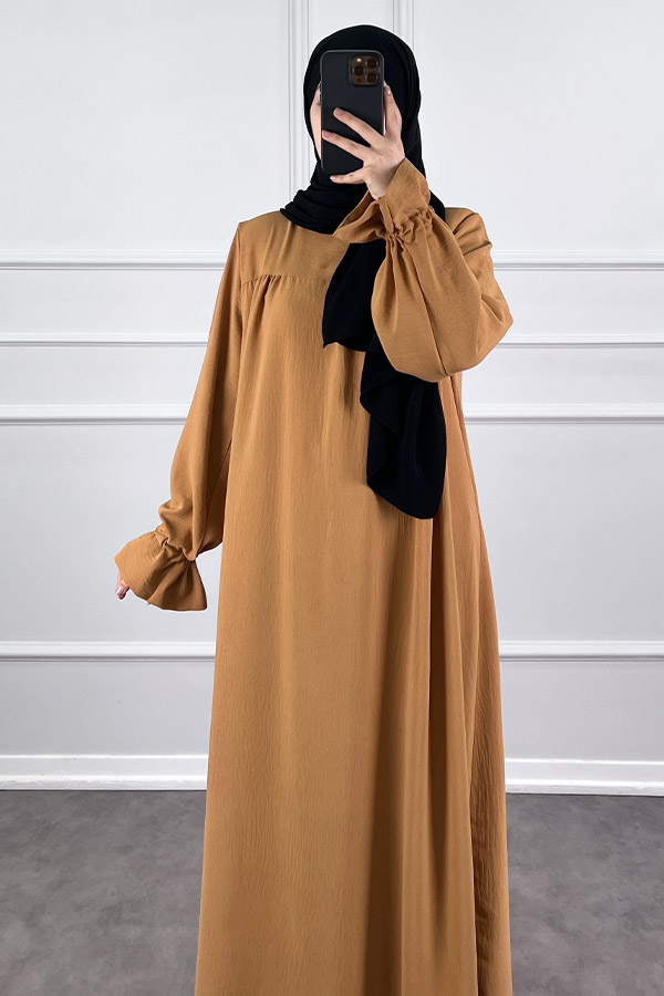 Kolları Detaylı Elbise - Sütlü Kahve