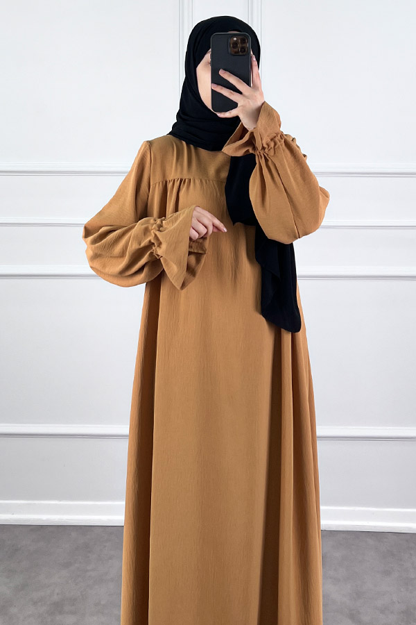 Kolları Detaylı Elbise - Sütlü Kahve