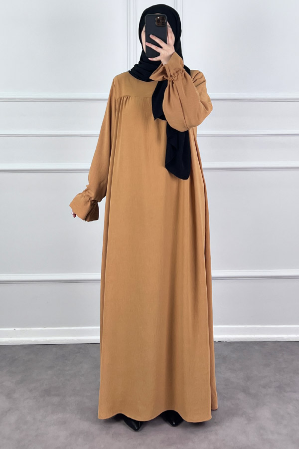 Kolları Detaylı Elbise - Sütlü Kahve