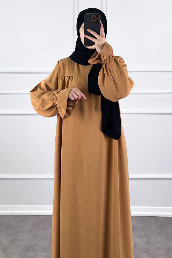 Kolları Detaylı Elbise - Sütlü Kahve