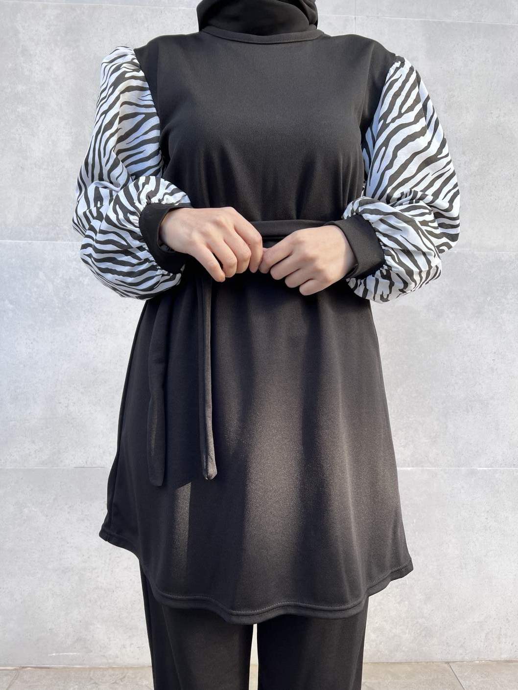 Kolları Zebra Desenli İkili Takım - Siyah