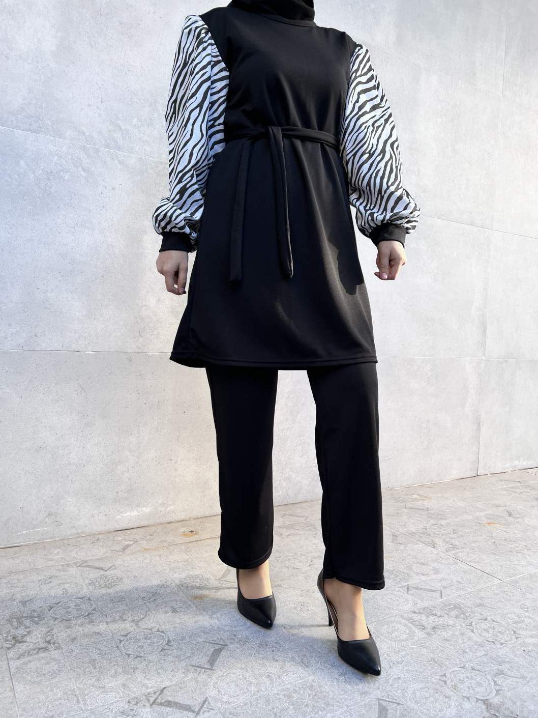 Kolları Zebra Desenli İkili Takım - Siyah