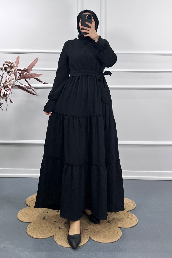 Kolu Lastikli Elbise - Siyah