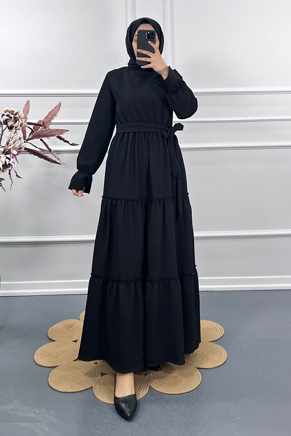 Kolu Lastikli Elbise - Siyah