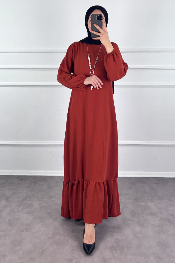 Kolyeli Tesettür Elbise - Kiremit Kolyeli Tesettür Elbise - Kiremit