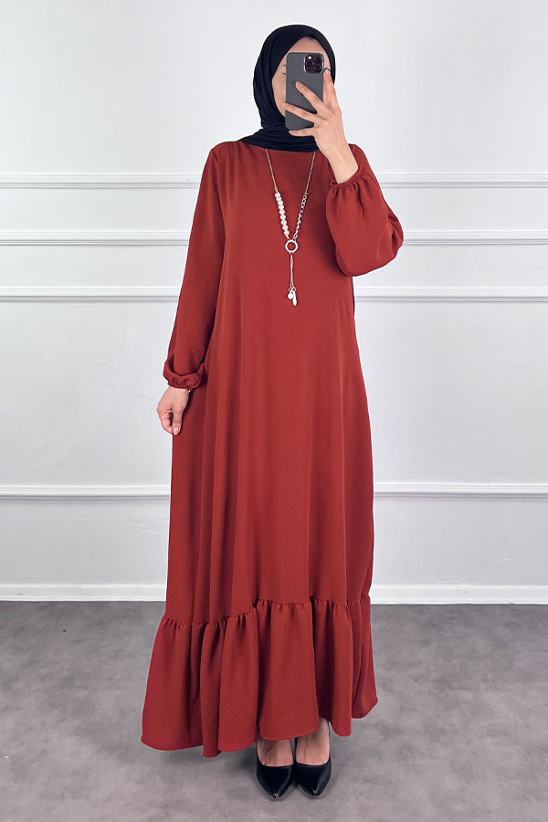 Kolyeli Tesettür Elbise - Kiremit Kolyeli Tesettür Elbise - Kiremit