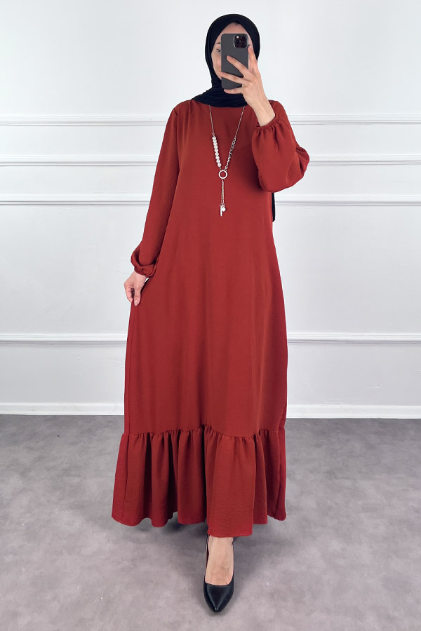 Kolyeli Tesettür Elbise - Kiremit Kolyeli Tesettür Elbise - Kiremit