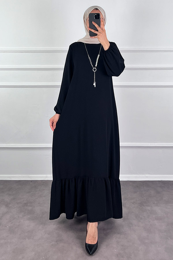 Kolyeli Tesettür Elbise - Siyah