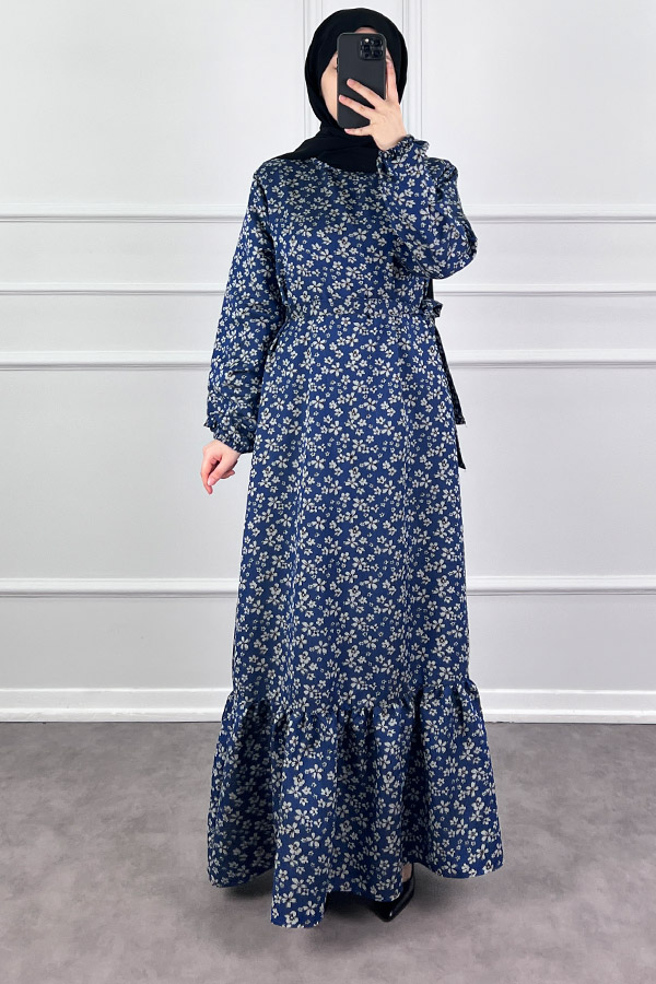 Kuşaklı Tensel Elbise - Mavi